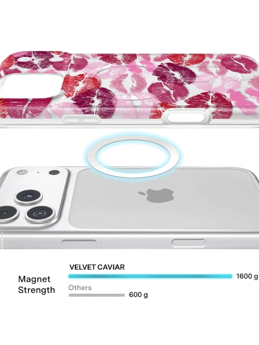 Velvet Caviar Pink lips phone case with matching MagSafe ring